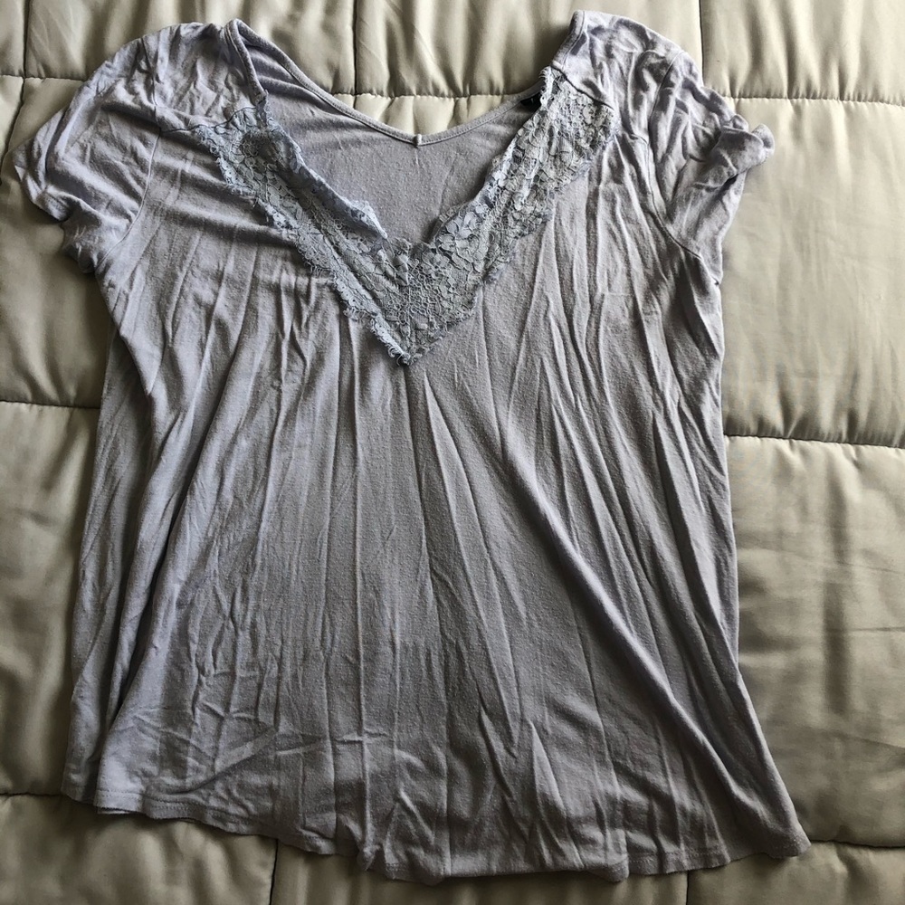 Light Blue Lace trim V-Neck Tee Shirt